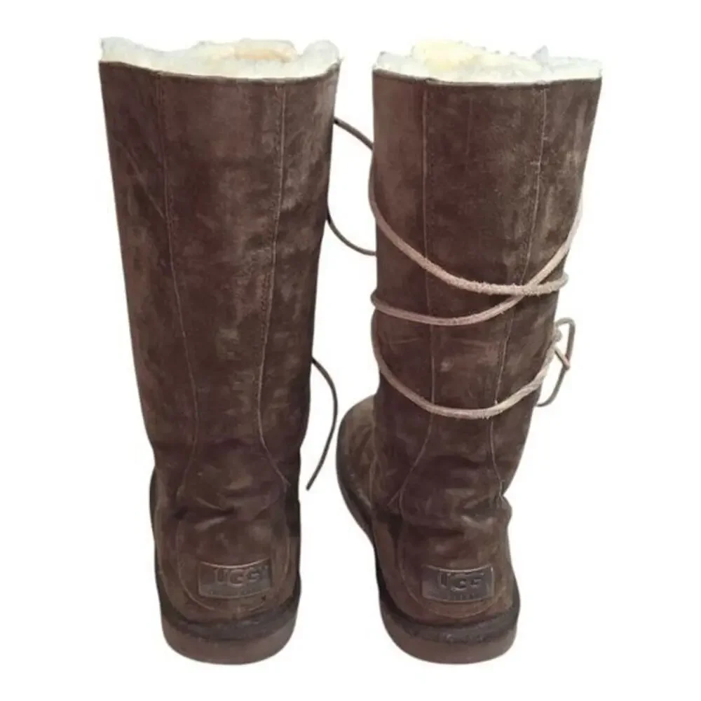 UGG‎ Whitley Tall Brown Suede Boots Lace Up Sheepskin Wool Lining Size 7